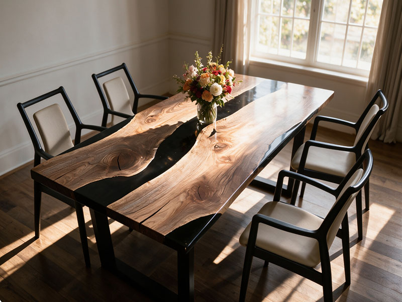 Table classique en noyer noir à bord naturel et revêtement époxy effet bois de rivière T2614