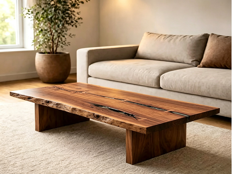 Table basse de luxe en noyer américain à bord naturel et revêtement époxy W-260803