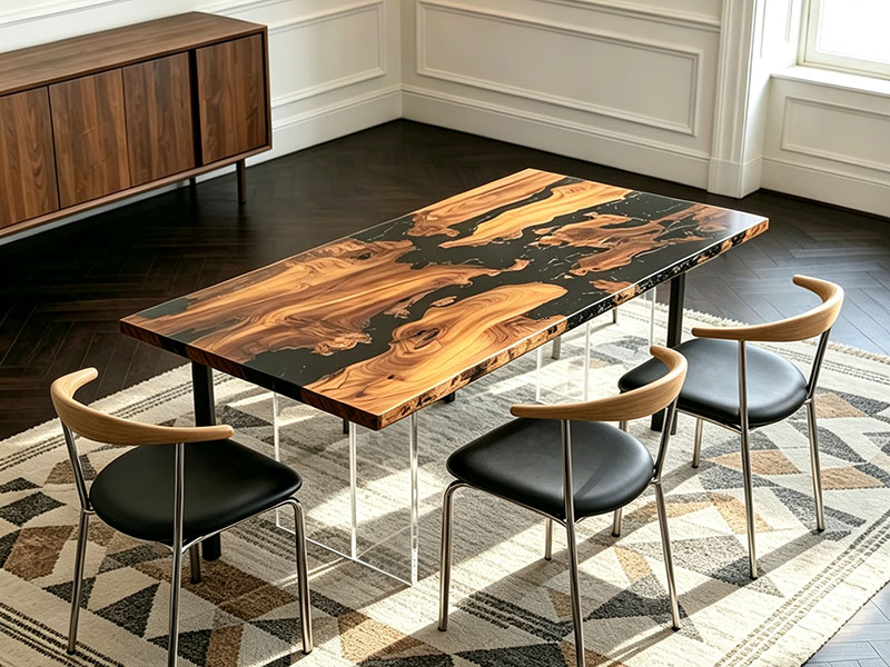 Table de salle à manger personnalisée Cudrania Tricuspidata en bois époxy noir Tr-2611