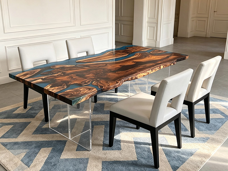 Table de salle à manger Kassod en bois bleu avec bord naturel et résine époxy, modèle Ka-2601