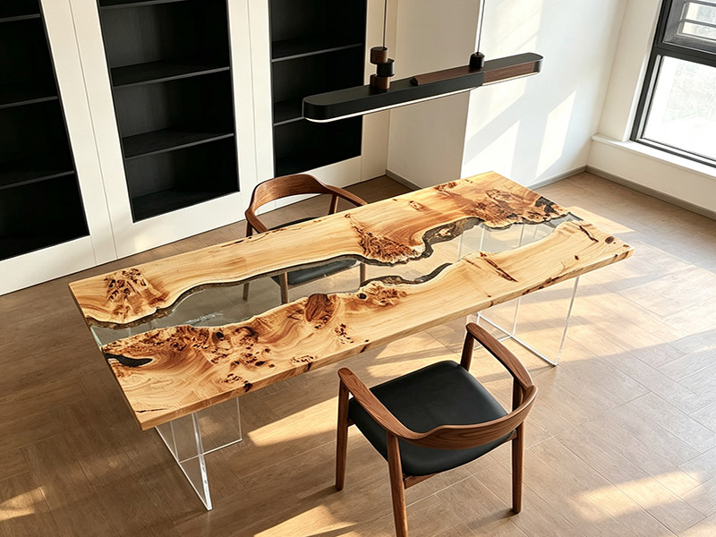 Table moderne en loupe de peuplier européen à bords naturels et résine transparente T260801