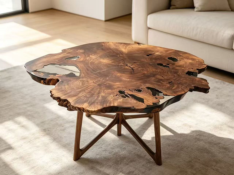 Table basse sur mesure en loupe de noyer à bord naturel W-260915