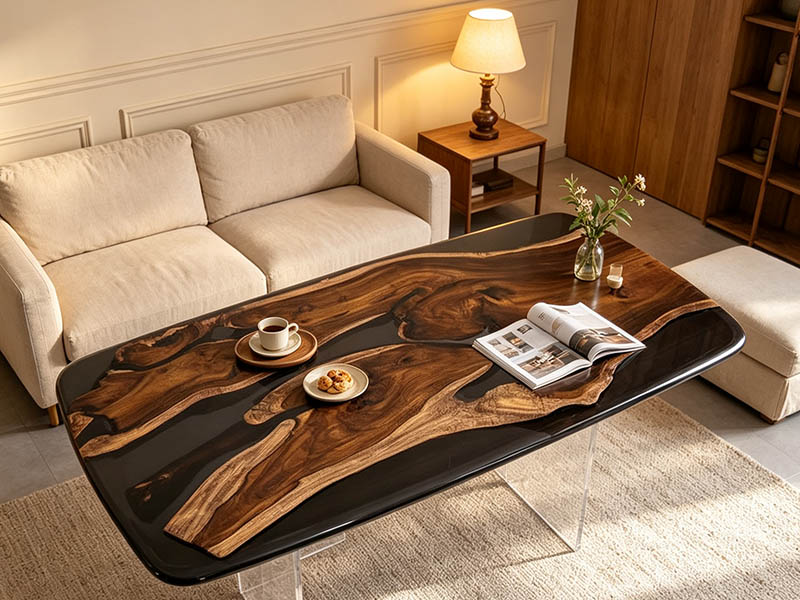 Table basse Kassod personnalisée en résine et bois de noyer K-260910