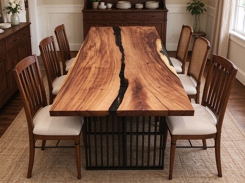 Table de salle à manger Raintree en bois massif avec bord naturel et rivière en époxy T260929