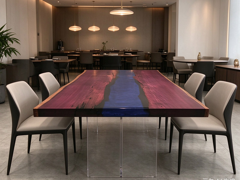 Table de salle à manger rectangulaire en bois de cœur violet et époxy bleu PH-2610