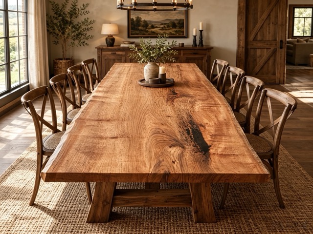 Table de salle à manger rustique en chêne rouge avec bord naturel R261013