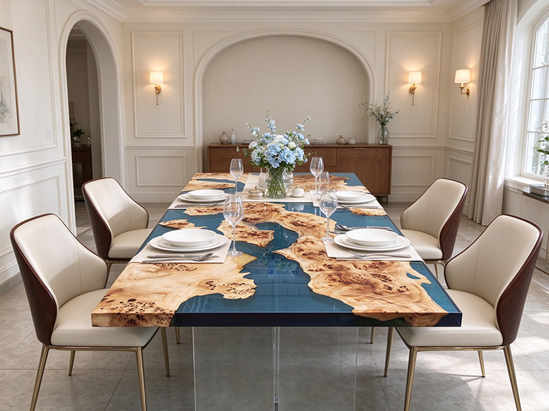 Table de salle à manger en loupe de peuplier et résine époxy Blue River T261013